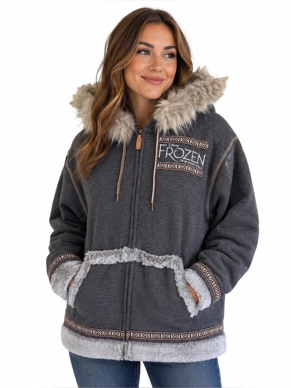 Disney Frozen Broadway Kristoff Sherpa Fleece Fur Hoodie Jacket Gray Sz Medium